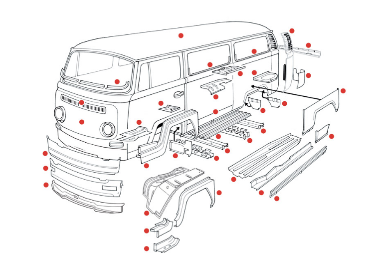 Karosserieteile & Reparaturbleche VW Bus T2 Boden Einstieg Schweller Radlauf Batterieblech Frontmaske