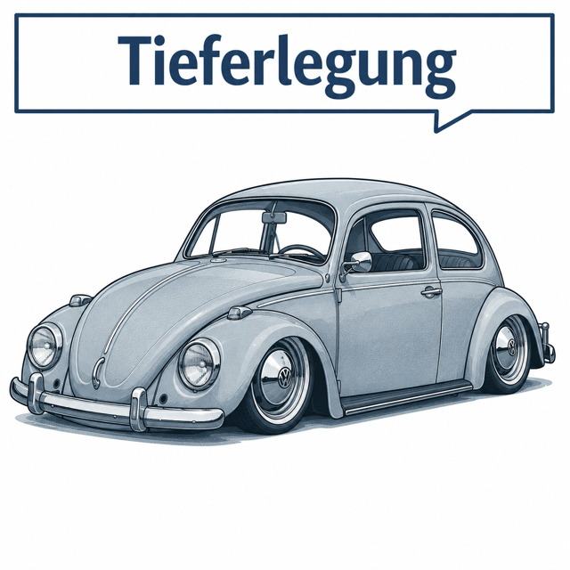 VW Käfer mit tiefergelegter Kugelgelenk-Vorderachse und verstellbaren Federschwertern