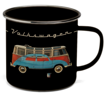 VW T1 BULLI BUS SAMBA KÄFER TASSE EMAILLE EMAILLIERT SCHWARZ IN GESCHENKBOX 500ml