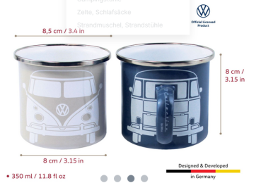 Preview: VW T1 BULLI BUS TASSE EMAILLE EMAILLIERT 2er Set IN GESCHENKBOX JE 350ml GRAU UND BLAU