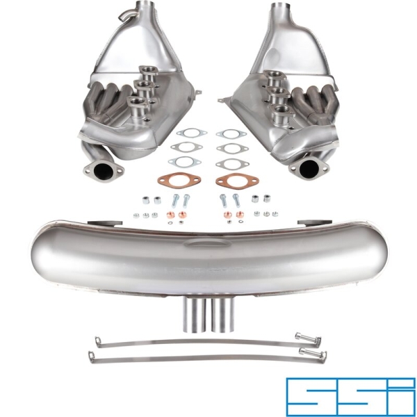 Sport-exhaust-set-with-dual-center-Ø63-mm-"GT3"-outlets-including-"Big-Bore"-heat-exchanger-with-Ø41-mm-tubes.-For-2.7/3.0-models-also-add-oil-tubes-and-remove-lower-rear-panel-Porsche 914-92.295SSI