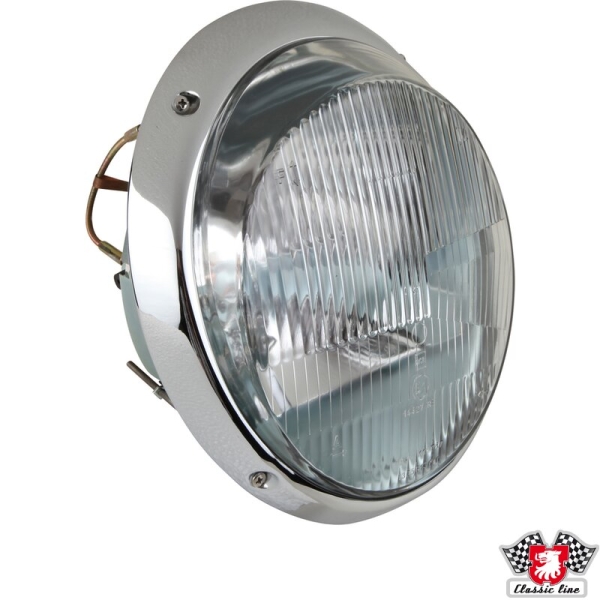 Scheinwerfer-"Bosch-Style"-mit-klar-Glas-Chromring-2xH1-Birnen-und-Montierschrauben-mit-E-Marke-Porsche 911-91163110100