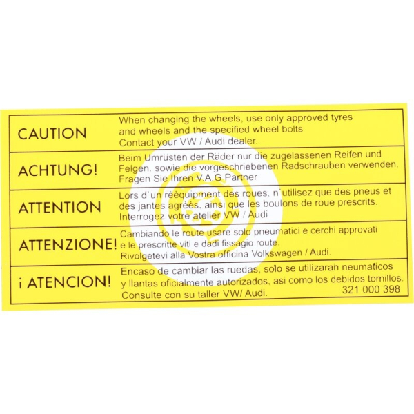 Sticker VW Golf 1/Jetta 04/74-02/84 | OE 321000398