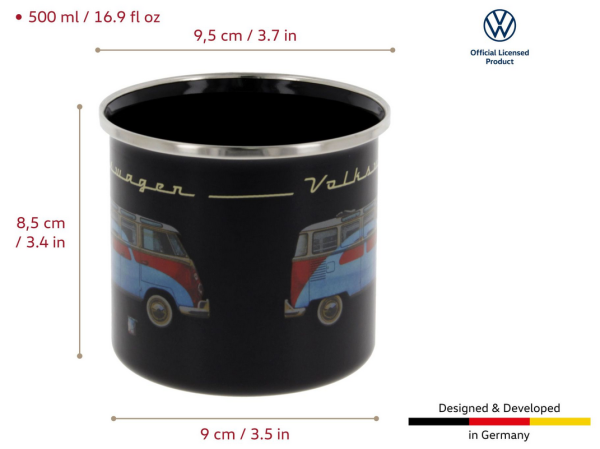 VW T1 BULLI BUS SAMBA KÄFER TASSE EMAILLE EMAILLIERT SCHWARZ IN GESCHENKBOX 500ml
