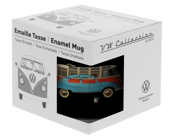VW T1 BULLI BUS SAMBA KÄFER TASSE EMAILLE EMAILLIERT SCHWARZ IN GESCHENKBOX 500ml