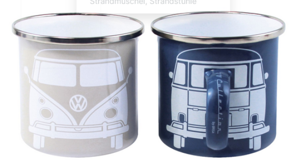 VW T1 BULLI BUS TASSE EMAILLE EMAILLIERT 2er Set IN GESCHENKBOX JE 350ml GRAU UND BLAU